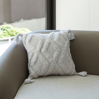 Handwoven Cotton Throw Pillow Cover with Large White Tufted Diamond Pattern and Tassel Corners