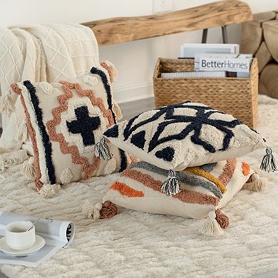 Handwoven Cotton Throw Pillow Cover with Tufted Border Pattern and Side Tassels with Filler