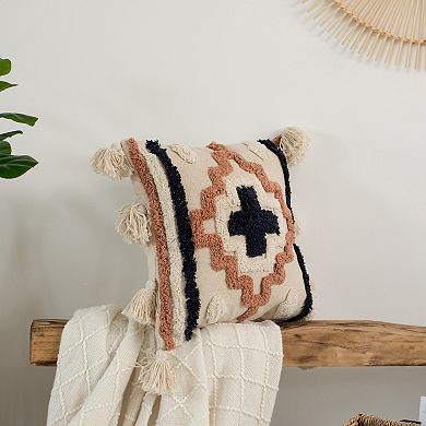 Handwoven Cotton Throw Pillow Cover with Tufted Border Pattern and Side Tassels with Filler