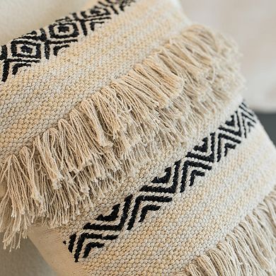 Handwoven Cotton Throw Pillow Cover with Boho Design and Fringed Lines
