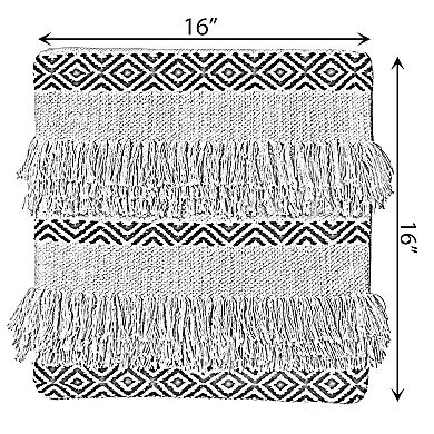 Handwoven Cotton Throw Pillow Cover with Boho Design and Fringed Lines
