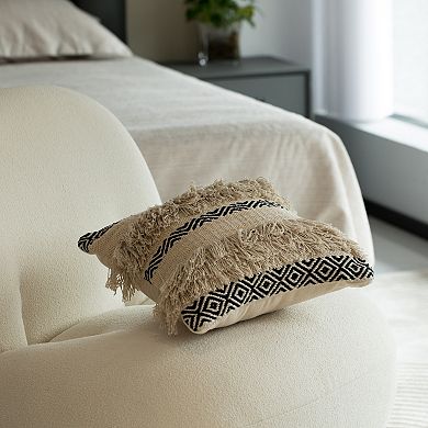 Handwoven Cotton Throw Pillow Cover with Boho Design and Fringed Lines