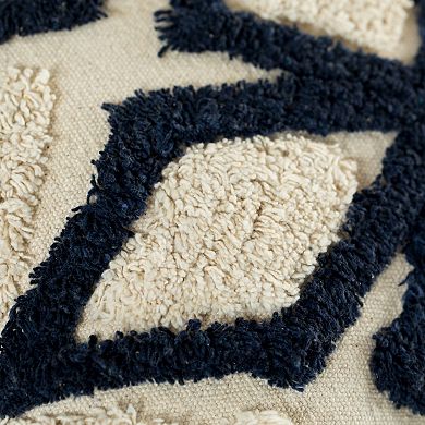 Handwoven Cotton Throw Pillow Cover with Tufted Geometric Pattern and Corner Tassels with Filler