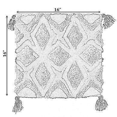 Handwoven Cotton Throw Pillow Cover with Tufted Geometric Pattern and Corner Tassels with Filler
