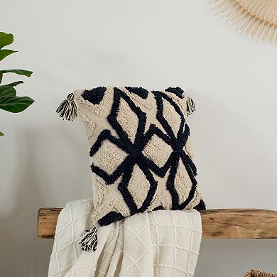 Handwoven Cotton Throw Pillow Cover with Tufted Geometric Pattern and Corner Tassels with Filler