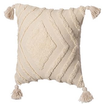 Handwoven Cotton Throw Pillow Cover with White Tufted Large Chevron Pattern and Tassel Corners