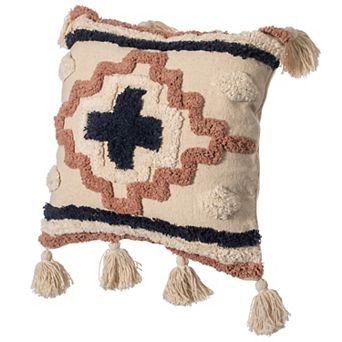 Handwoven Cotton Throw Pillow Cover with Tufted Border Pattern and Side Tassels
