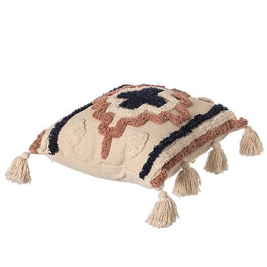 Handwoven Cotton Throw Pillow Cover with Tufted Border Pattern and Side Tassels