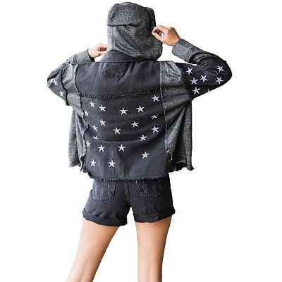 Fashnzfab Star Embroidered Hooded Denim Jacket