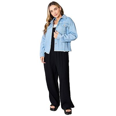 Fashnzfab Dropped Shoulder Raw Hem Denim Jacket