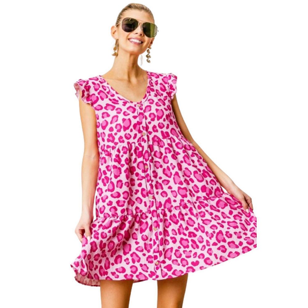 Plus Size Ruffled Leopard Cap Sleeve Mini Dress