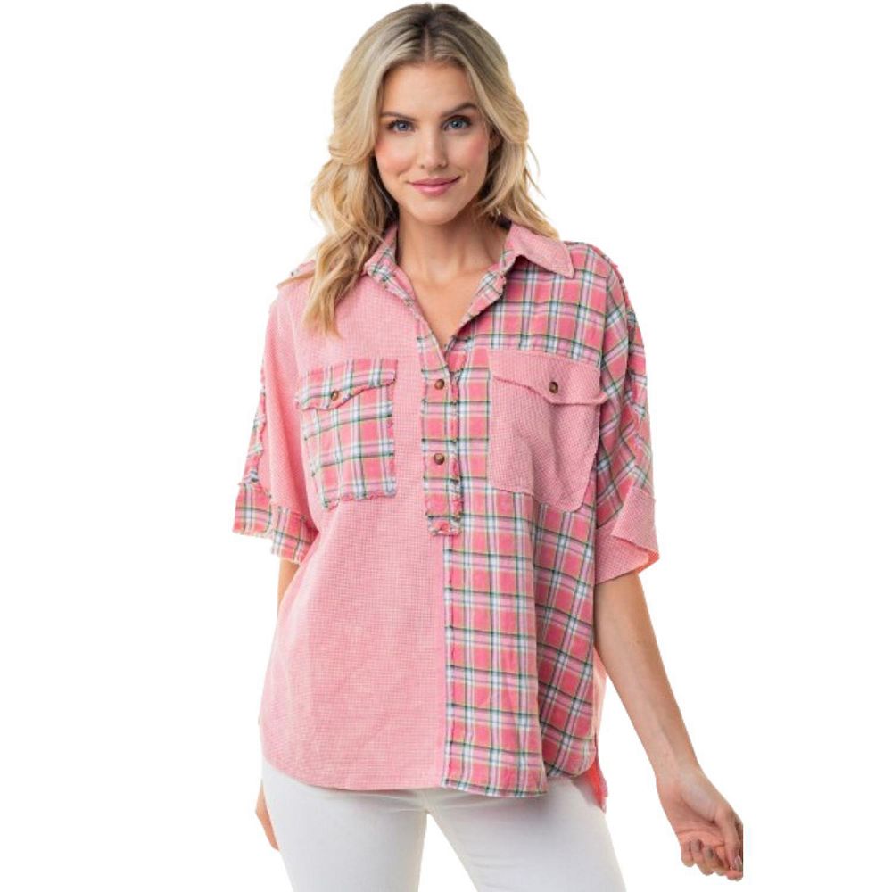 Mesh Patched Color Block Half Button Blouse