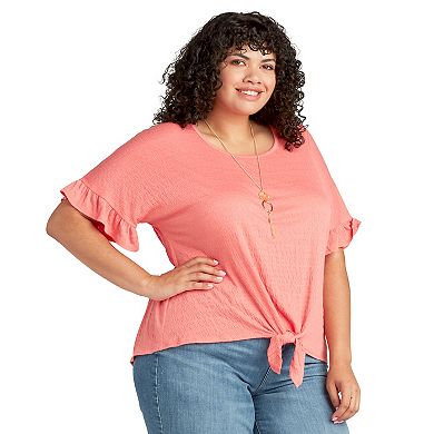 Plus Size AB Studio Tie Front Ruffle Sleeve Top With Necklace