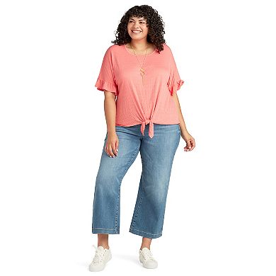 Plus Size AB Studio Tie Front Ruffle Sleeve Top With Necklace