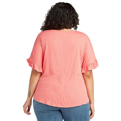 Plus Size AB Studio Tie Front Ruffle Sleeve Top With Necklace