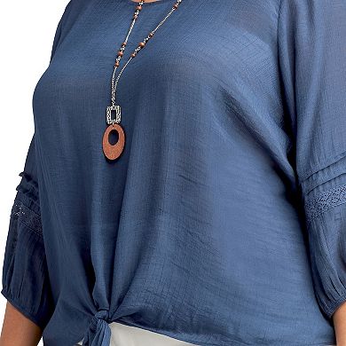 Plus Size AB Studio Tie Front Top With Necklace
