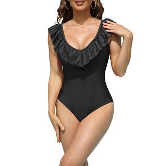 Womens Flounce Swimsuit Ruffled One Piece Swimsuit V Back Swimsuit With Deep Scoop Neckline Swimwear