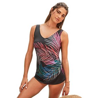 Swim 365 Women's Plus Size Sarong V-Neck Tummy Control One-Piece Swimsuit