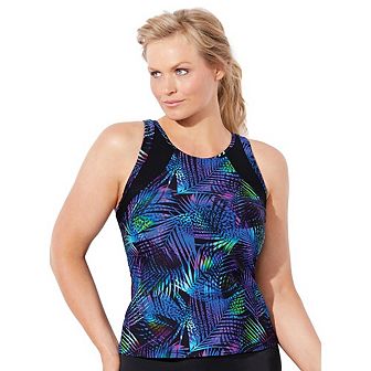 Swimsuits for All Women's Plus Size Chlorine Resistant High Neck Racerback Tankini Top