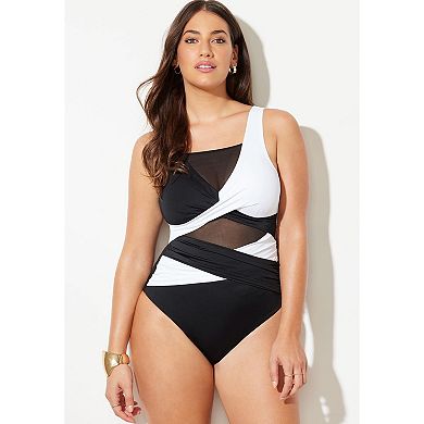Swimsuits for All Women's Mesh Colorblock Wrap One Piece Swimsuit