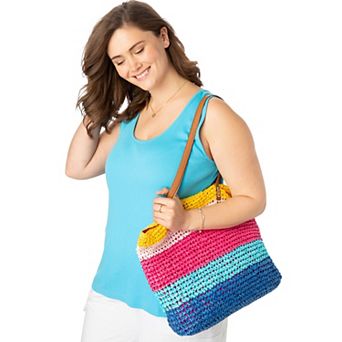 Woman Within Women's Plus Size Color Block Straw Tote