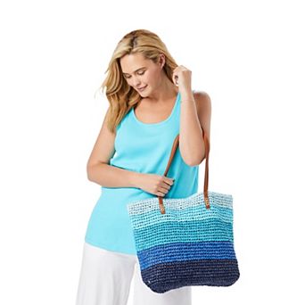 Woman Within Women's Plus Size Color Block Straw Tote