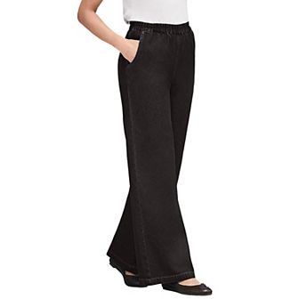 Woman Within Plus Size Petite Perfect Elastic-Waist Wide-Leg All-Cotton Pull-On Denim Jeans