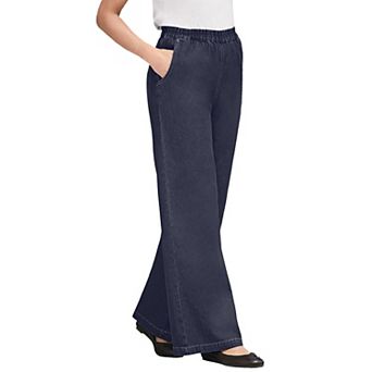 Woman Within Plus Size Petite Perfect Elastic-Waist Wide-Leg All-Cotton Pull-On Denim Jeans
