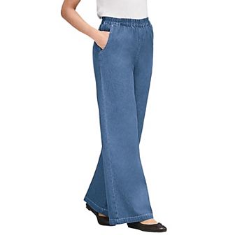 Woman Within Plus Size Tall Perfect Elastic-Waist Wide-Leg All-Cotton Pull-On Denim Jeans