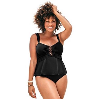 Swimsuits for All Women's Plus Size Underwire Shirred Ring Bandeau Tankini Top
