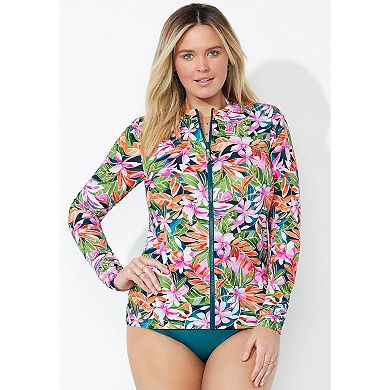 Swimsuits for All Women's Chlorine Resistant Zip Up Long Sleeve Swim Rash Guard