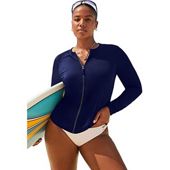 Swimsuits for All Women's Chlorine Resistant Zip Up Long Sleeve Swim Rash Guard