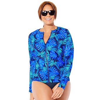 Swimsuits for All Women's Chlorine Resistant Zip Up Swim Shirt Rash Guard