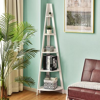 5-tier Modern Corner Bookcase Shelf With Strong Wooden Frame