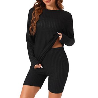 Womens Pajamas 2 pc Sets Ribbed Knit Outfits Long Sleeved Top With Slim Biker Shorts Lounge Set