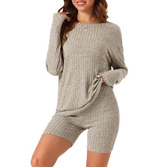 Womens Pajamas 2 pc Sets Ribbed Knit Outfits Long Sleeved Top With Slim Biker Shorts Lounge Set
