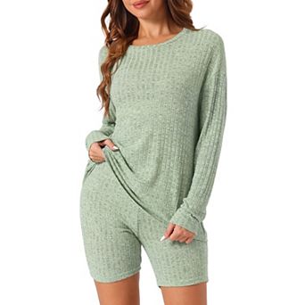 Womens Pajamas 2 pc Sets Ribbed Knit Outfits Long Sleeved Top With Slim Biker Shorts Lounge Set
