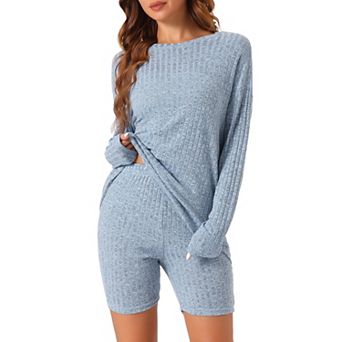 Womens Pajamas 2 pc Sets Ribbed Knit Outfits Long Sleeved Top With Slim Biker Shorts Lounge Set