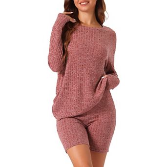 Womens Pajamas 2 pc Sets Ribbed Knit Outfits Long Sleeved Top With Slim Biker Shorts Lounge Set