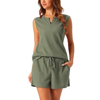 Womens 2 pc Pjs Waffle Knit Pajama Sets Tank Top And Shorts Lounge Sets
