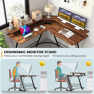 L-shaped Computer Desk With Power Outlet And Monitor Stand