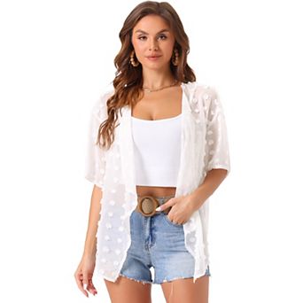 Women's Swiss Dots Cardigan Short Sleeve Cover Up Open Front Lightweight Chiffon Kimono Cardigans