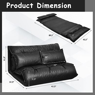Foldable Pu Leather Leisure Floor Sofa Bed With 2 Pillows-black