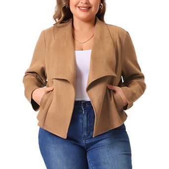 Plus Size Faux Suede Jacket for Women Lapel Long Sleeve Open Front Cardigans Outerwear Jackets