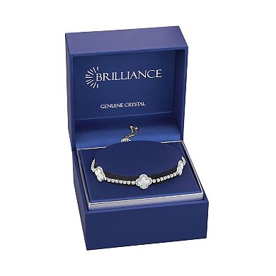 Brilliance Fine Silver Plated Cubic Zirconia and Stone Triple Clover Slider Bracelet