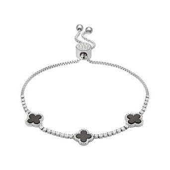 Brilliance Fine Silver Plated Cubic Zirconia and Stone Triple Clover Slider Bracelet