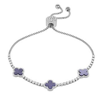 Brilliance Fine Silver Plated Cubic Zirconia and Stone Triple Clover Slider Bracelet
