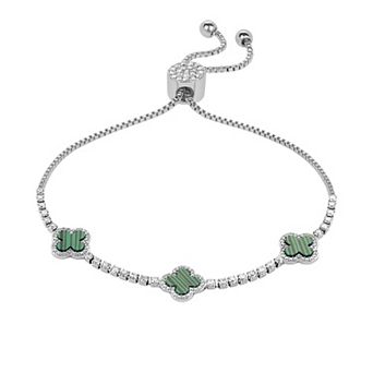 Brilliance Fine Silver Plated Cubic Zirconia and Stone Triple Clover Slider Bracelet