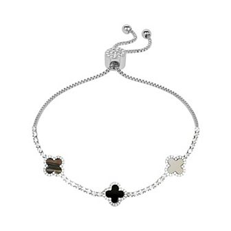 Brilliance Fine Silver Plated Cubic Zirconia and Stone Triple Clover Slider Bracelet