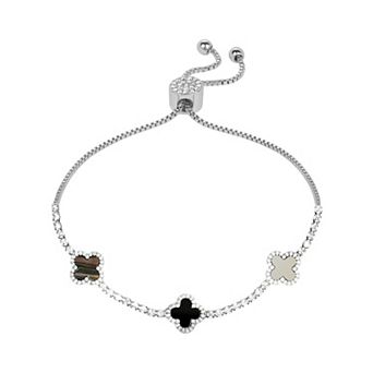 Brilliance Fine Silver Plated Cubic Zirconia and Stone Triple Clover Slider Bracelet